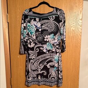 White House Black Market Black and Teal Floral Midi Dress
